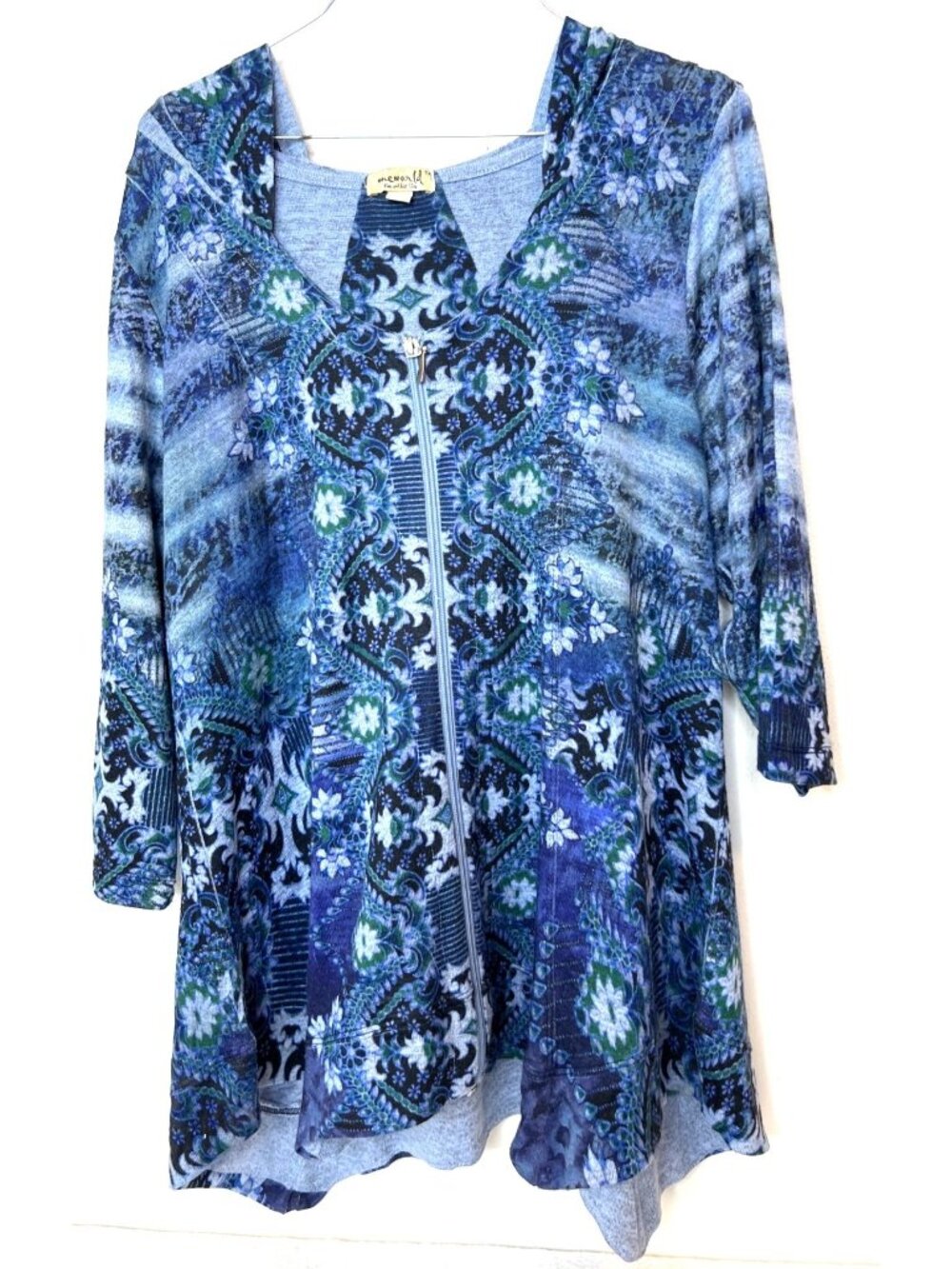 One World Gray & Blue Zip Hoodie Zip Up Jacket 1X Asymmetrical Hem Boho Plus